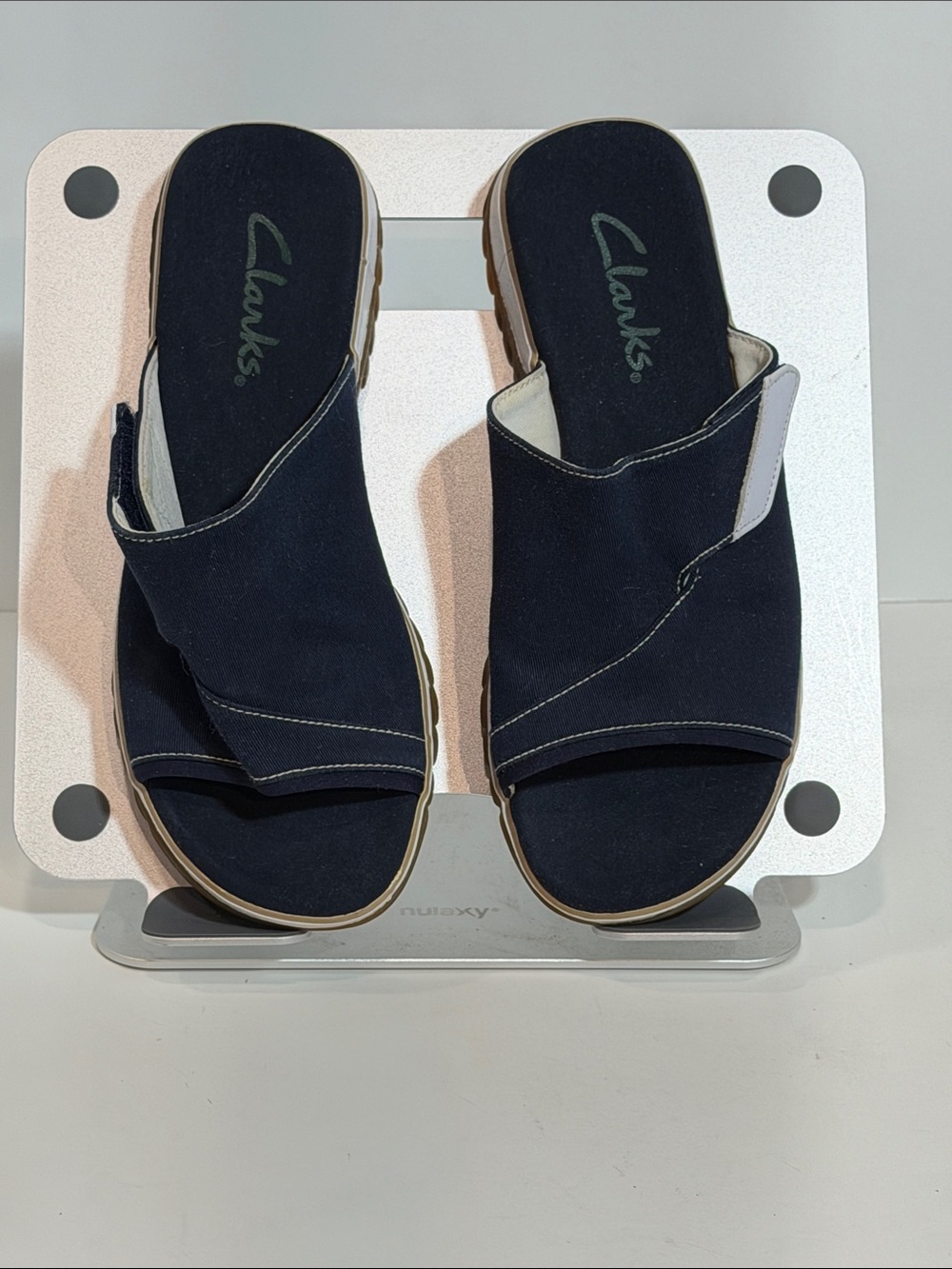 Clarks Women's Navy Adjustable Strap Comfort Open-Toe Slip-On Mules